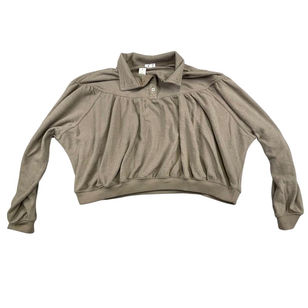 NWT Aerie Women Taupe Brown Cropped Polo Sweatshirt Textured Knit Gathered Med